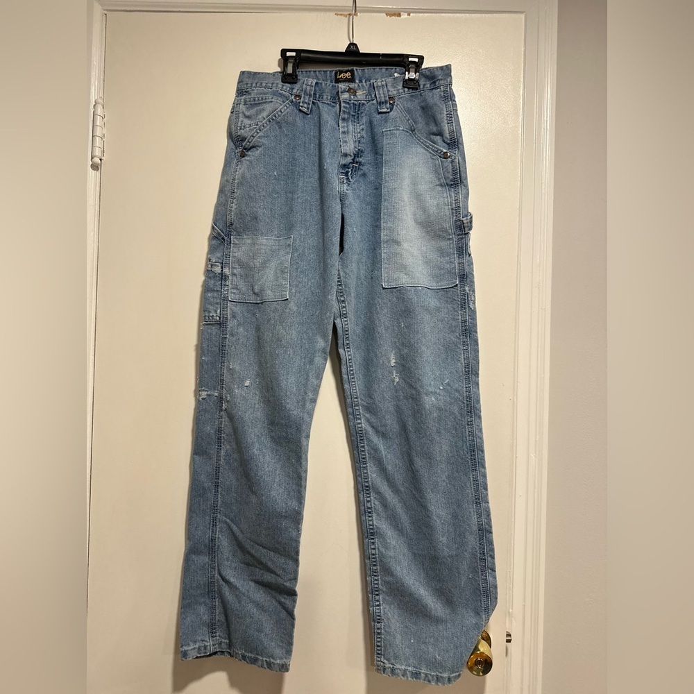 Lee Y2K 30x32 Loose fit Distressed Patched Light Wash Baggy Straight Leg Jeans.